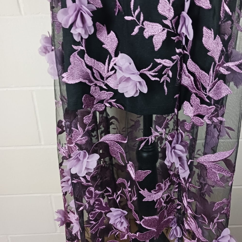 Venus Womens Lavender Black Floral 3-D Applique‎ Mesh Layered Maxi Dress Size 8 - Picture 4 of 11